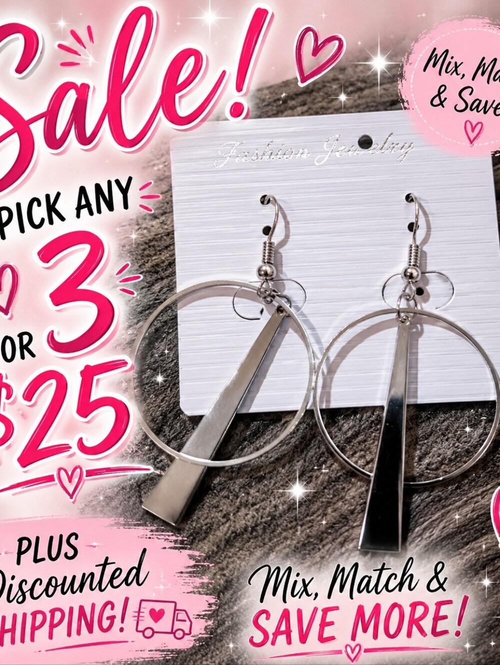 Silver Tone Geometric Hoop Dangle Earrings Fish Hook Long Bar Minimalist Fashion